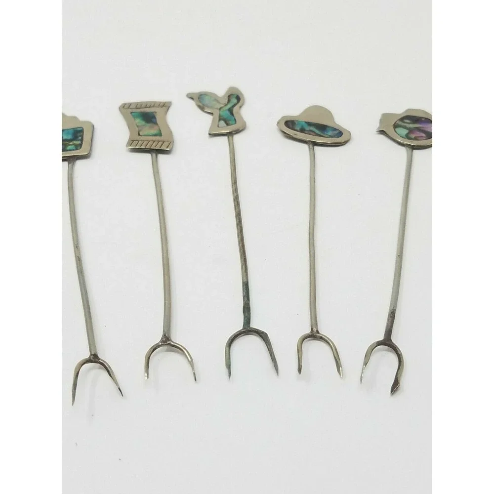 Vtg Mexican alpaca and Abalone cocktail forks picks signed set of 5 man cave